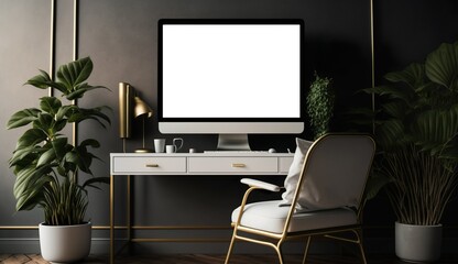 Explore Modern Study Home Interior with Elegant Furnishing Desktop, Chair, and Computer on a Mockup Horizontal Frame