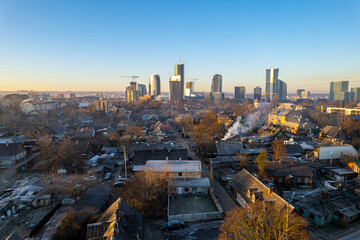 Aerial beautiful spring morning view of Snipiskes district, Vilnius, Lithuania