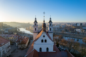 Fototapeta na wymiar Aerial beautiful spring morning view of Snipiskes district, Vilnius, Lithuania