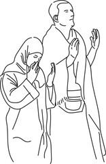 Line Art Illustration of Muslim Man and Woman praying in the event of Hajj
