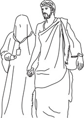 Line Art Illustration of Muslim Man and Woman walking in the event of Hajj, this image can be used for clip art