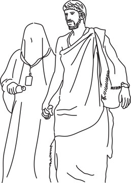 Line Art Illustration of Muslim Man and Woman walking in the event of Hajj, this image can be used for clip art