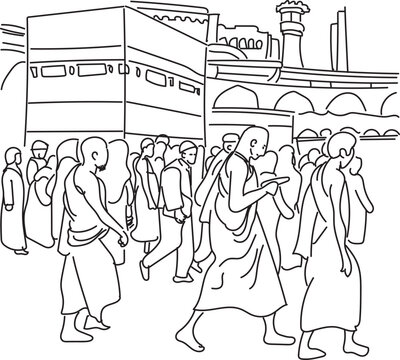 Line Art Illustration of Muslim people do Tawaf around Kaaba in the event of Hajj