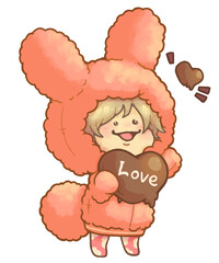 ハートチョコを持つ　モコモコ服の男の子　うさぎ　ピンクver