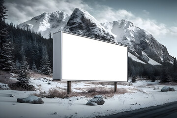 blank white empty billboard mockup sign in snowy mountain road for advertising, marketing 