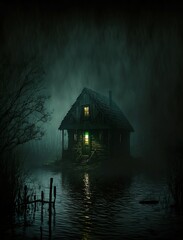 Scary Shack in a Swamp at Night Generative AI