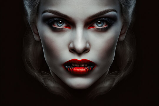 portrait of woman vampire monster with fangs. Generative AI illustration