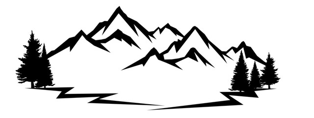 Black silhouette of mountains peak rock and fir trees camping adventure outdoor landscape panorama illustration icon vector for logo, isolated on white background