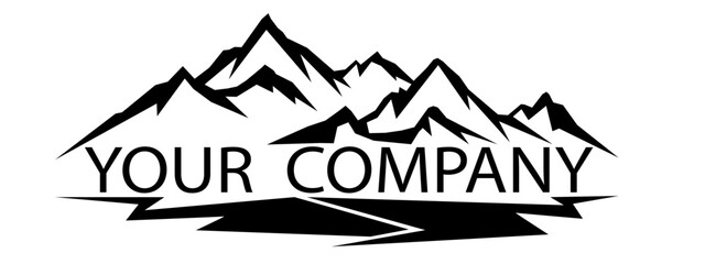 Black silhouette of mountains peaks rock landscape banner panorama illustration adventure travel icon vector for logo, isolated on white background, with example text