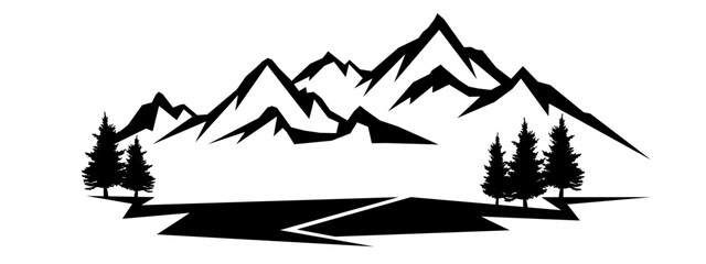 Black silhouette of mountains peak rock and fir trees camping adventure outdoor landscape panorama illustration icon vector for logo, isolated on white background