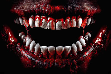 open mouth with bloody lips of vampire with fangs in blood. Generative AI illustration