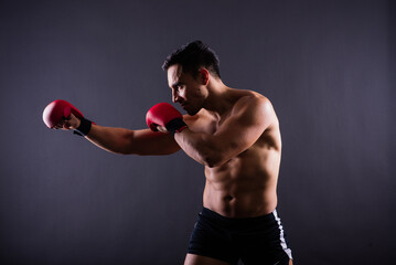 Muscular model sports young man in boxing gloves on grey background. Male flexing his muscles.