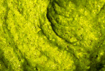 Smoothie with fresh green vegetables and fruits. Berry and yogurt ice cream. The texture of the sorbet. Delicious sweet dessert close-up as a background.
