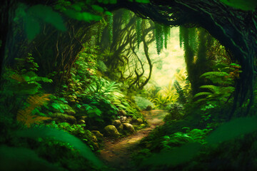 A verdant forest floor with towering trees and underbrush