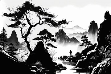 Fototapeta na wymiar Chinese ink landscape painting created digitally,Chinese traditional ink drawing technique. handmade watercolor drawing. Generative AI