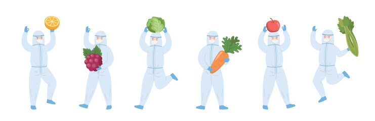 Team of nurses or doctors with isolation gowns and various vegetables and fruits, healthy eating
