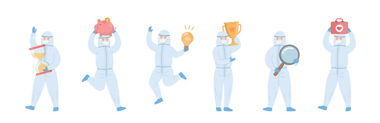 Paramedic or doctor with gown, hourglass with piggy bank with magnifying glass with light bulb and trophy