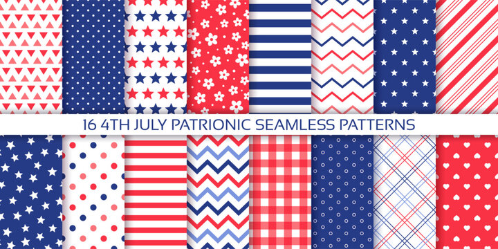 4th July seamless background. American patriotic patterns with stars, stripes, zigzag. America independence textures. Set of abstract geometric prints. Blue red modern wallpaper. Vector illustration.
