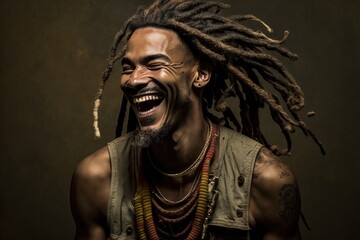 beaming 45-year-old Jamaican man with long dreadlocks, radiating positivity and happiness. Generative AI
