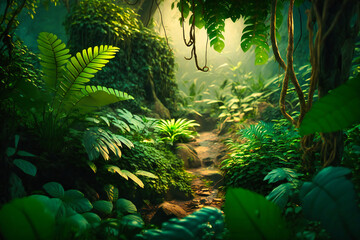A dense jungle with green foliage and lush undergrowth