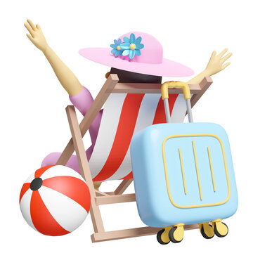 3d character cartoon woman travel on summer beach with beach chair, ball, suitcase, hat, starfish, tourism trip concept, 3d render illustration