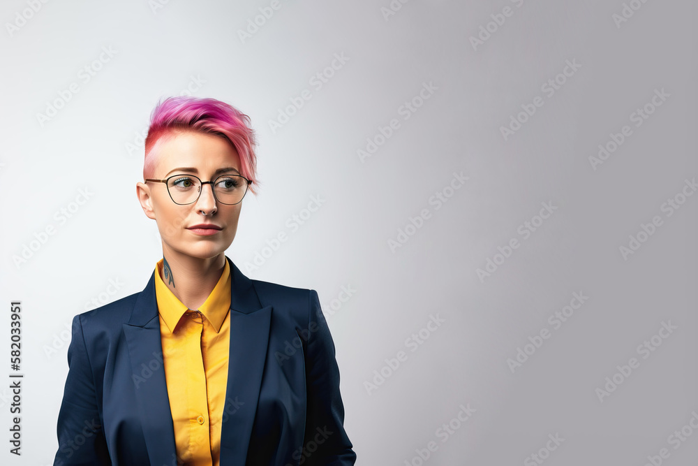 Wall mural Gen-Z in business. Portrait of a young businesswoman with colorful haircut wearing a suite. Solid white background.