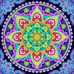 mandalas in the form of flowers with a mix of colors, orange, green, yellow, pink and purple 