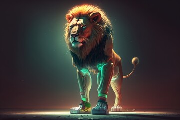 Neon-Backlit Cute Lion Donning Tank Top, Shorts & Sneakers: A Cinematic 8K Shot with Detailed Sharpening & White Background By Marcin & Rebecca, Generative ai - obrazy, fototapety, plakaty