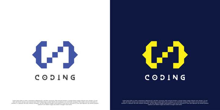 Code coding logo design illustration. Modern html pixel coder abstract silhouette in technology. Simple flat design.