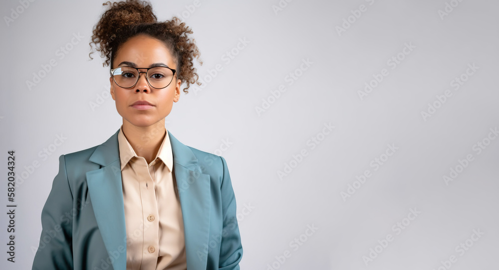 Wall mural Gen-Z in business. Portrait of a young BIPOC businesswoman with wearing a suite. Solid white background.