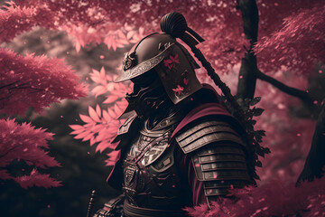 Fototapeta premium Samurai surrounded by Kanzan trees, Generative AI