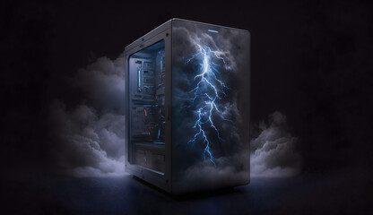 Computer case, dark background, storm inside case, Generative AI