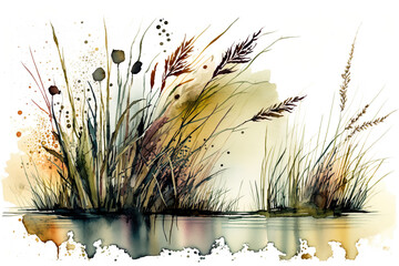Rustling Grasses Reeds Watercolors Isolated On White Background - Generative AI