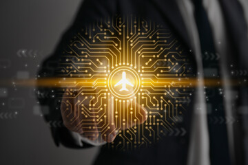 Businessman Touch Screen and Airplane or Aircraft Concept Icon