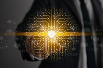 Businessman Finger Touch Screen and Shield Security System Sign