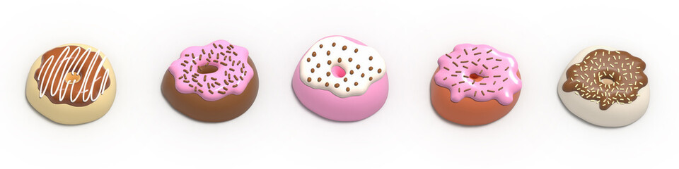 Glazed Donuts Collection 3d realistic design set of elements. Sweet food, donuts with sprinkle. 3d illustration isolated on white background with alpha channel.
