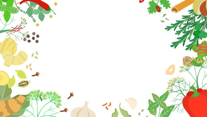 中国のスパイスの背景フレーム。フラットなベクターイラスト。
Background frame of Chinese spices. Flat designed vector illustration.