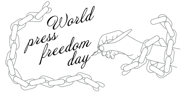 Banner for the World Press Freedom Day -May 3. A contour drawing of a hand covered with a chain with a fountain pen writes an inscription. Black and white illustration. A simple banner to print