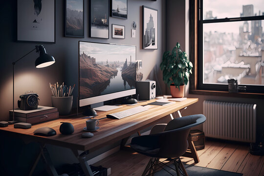 Comfortable modern computer setup and workspace at home. Generative AI