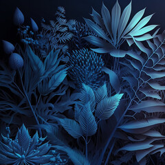 Cold winter background in bluish tones tropical leaves
