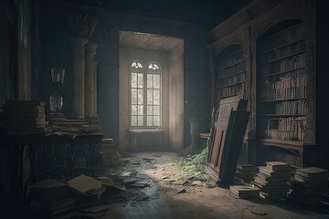 Fototapeta na wymiar Old Abandoned Dusty Room with Books 3. Generative AI
