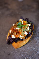 close-up of bread bruschetta with filling top view.