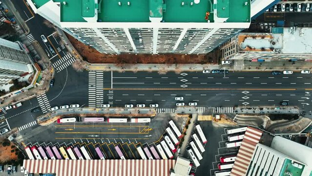 Drone View of Seoul city in South Korea, bus terminal