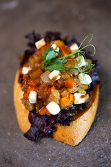 close-up of bread bruschetta with filling top view.