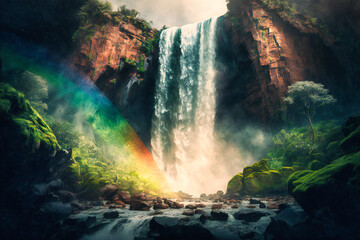 Cascading falls surrounded by lush greenery and misty rainbows