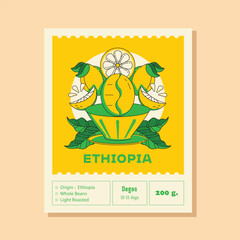 Ethiopia fruity coffee label with lemon - obrazy, fototapety, plakaty