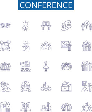 Conference line icons signs set. Design collection of Conclave, Forum, Summit, Dialogue, Symposium, Assembly, Rally, Caucus outline concept vector illustrations