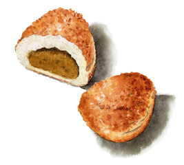 アナログ水彩半分に切ったカレーパン