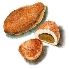 アナログ水彩カレーパン丸ごと1個と断面