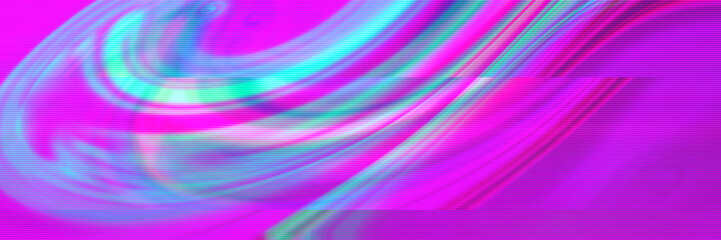 Banner with Distorted with Motion glitch effect Abstract purple pink green neon rainbow wavy interlaced digital background. Futuristic striped glitched cyberpunk design Retro rave 90s, 2000s colors
